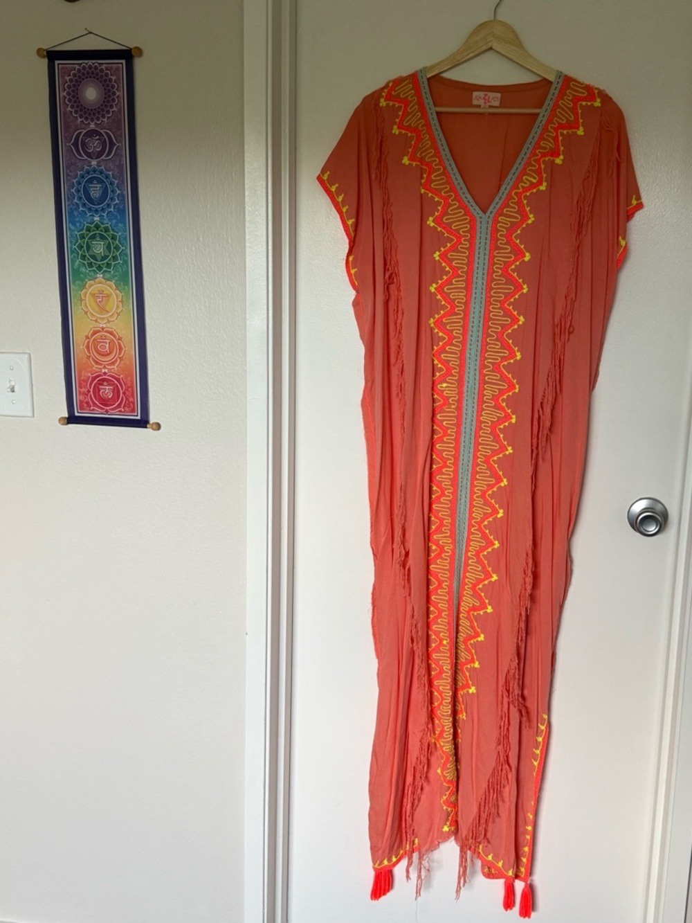 Embroidered Coral V-Neck Maxi Dress with Tassels